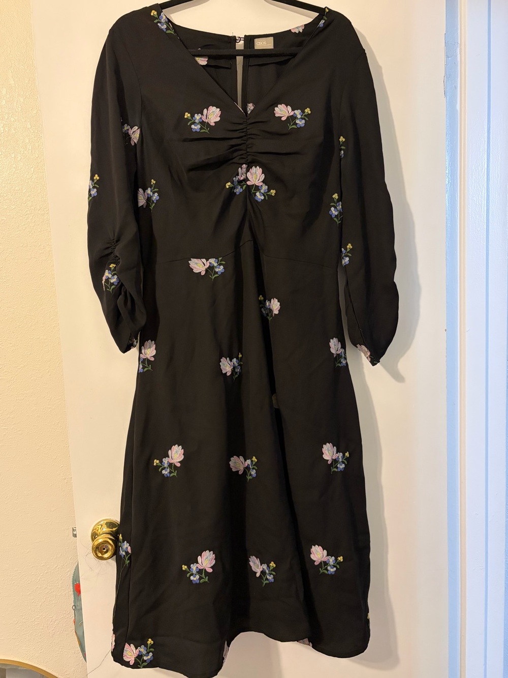 ASOS Black Midi Dress with Pink and Purple Floral Embroidery